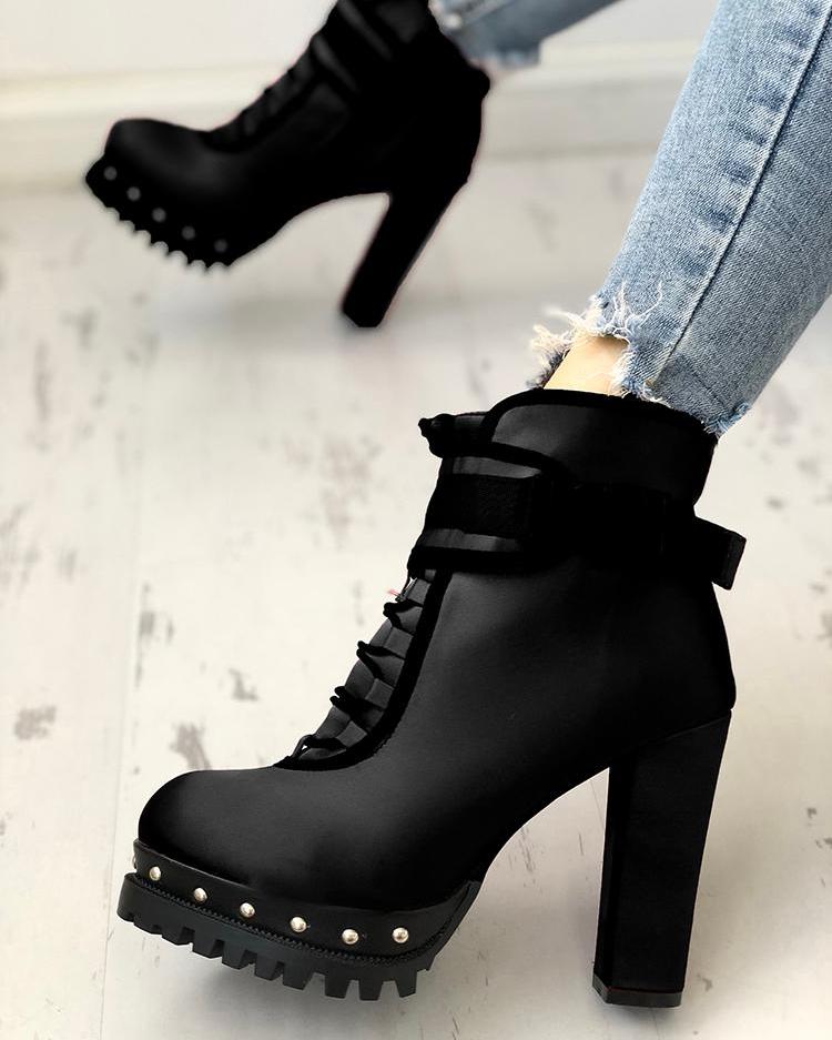 

Rivet Embellished Lace-Up Chunky Thin Boots, Black