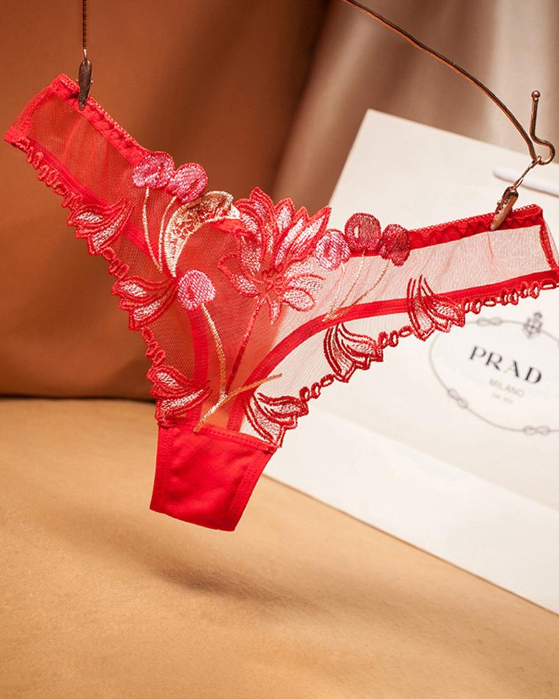 

Sheer Mesh Floral Pattern Lace Thong, Red