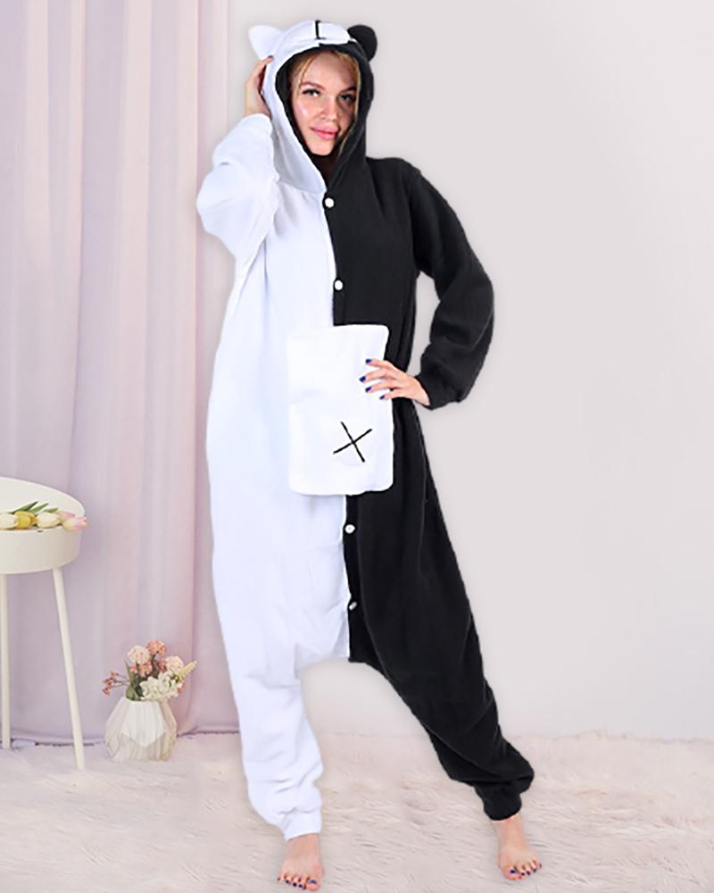 

Cartoon Pattern Functional Buttoned Flap Adults Pajamas, Black