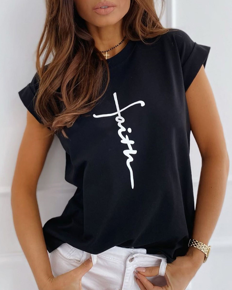 

Letter Print Short Sleeve Casual T-shirt, Black