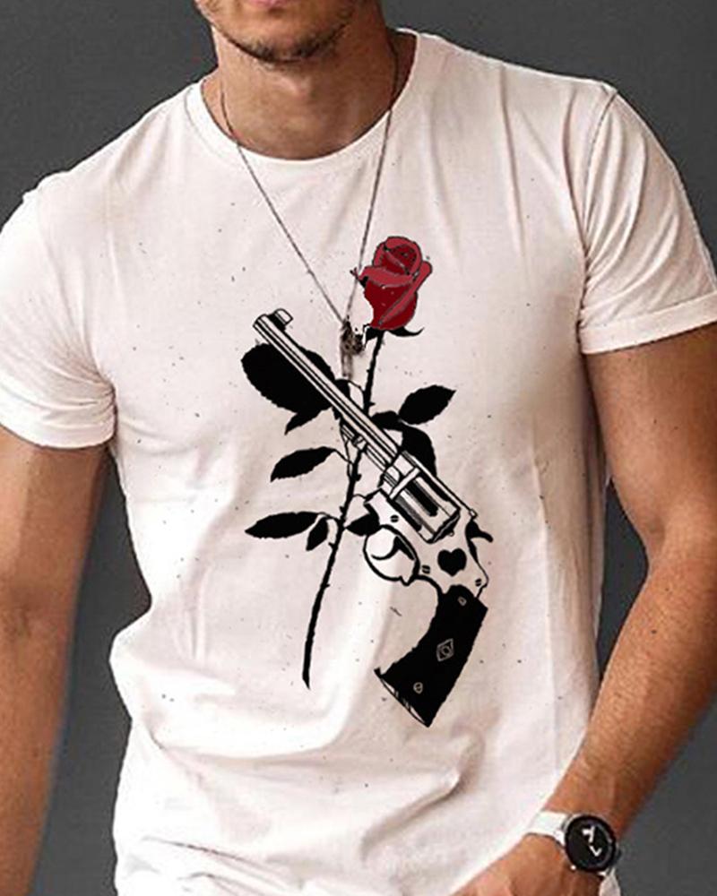 

Gun & Rose Patterns Print Short Sleeve Loose T-shirts, White