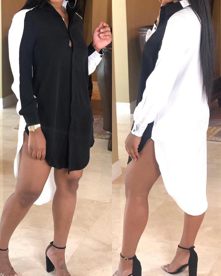 

Contrast Color Dip Hem Shirt Dress, Black