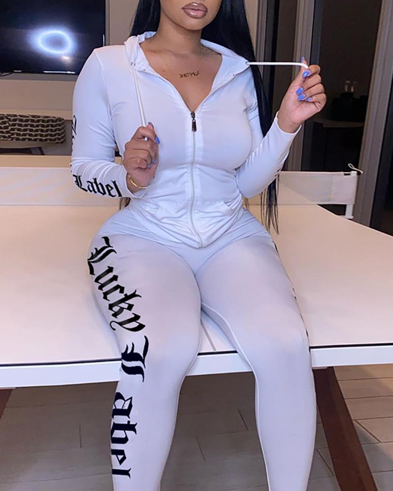 

Letter Print Zip Hooded Top & Skinny Pants Set, White