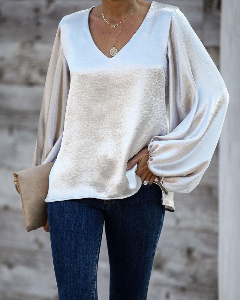 

V Neck Lantern Sleeve Top, Silver