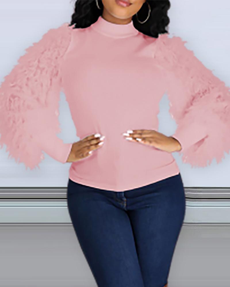 

Mock Neck Fluffy Long Sleeve Sweater, Pink