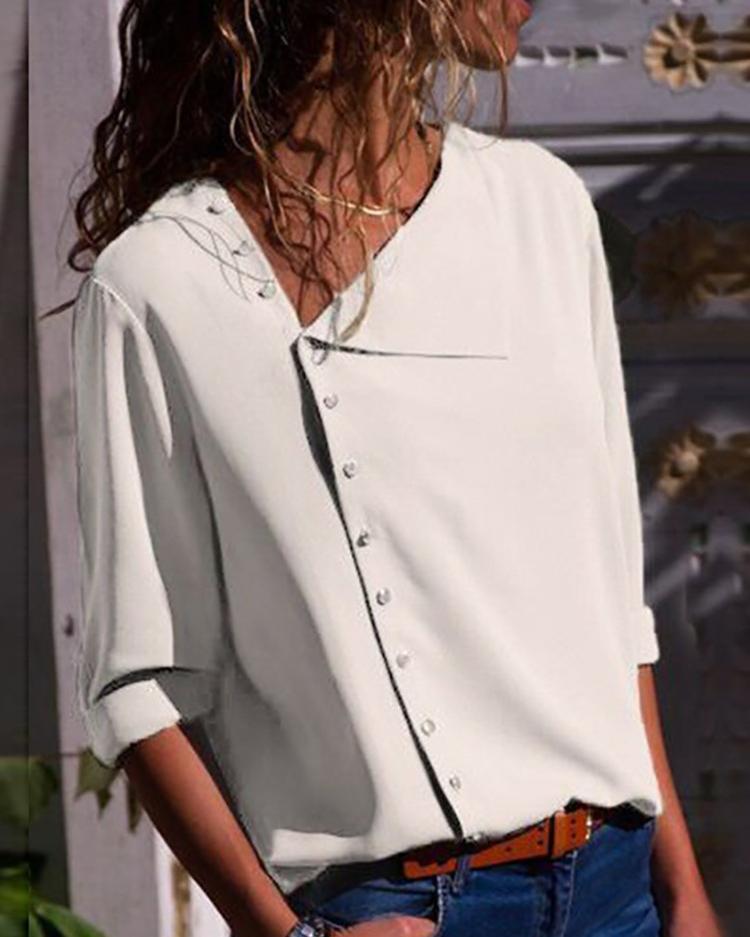 

Solid Button Embellished Casual Blouse, White