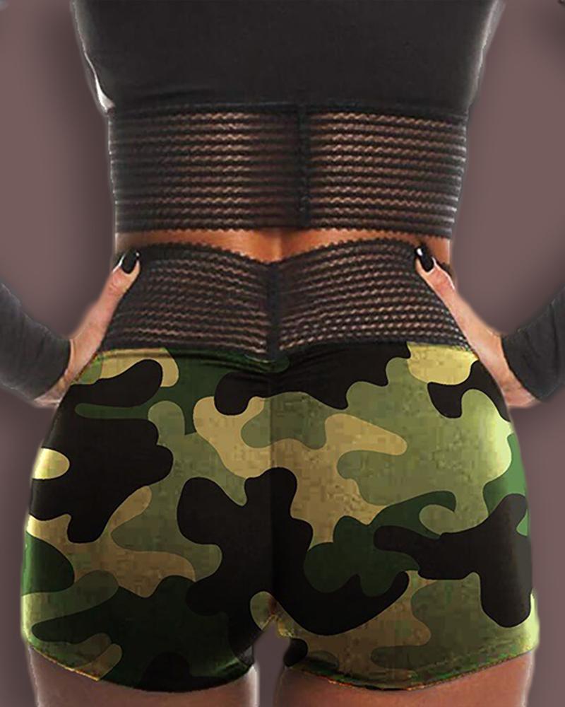 

Camouflage High Waist Yoga Shorts, Green