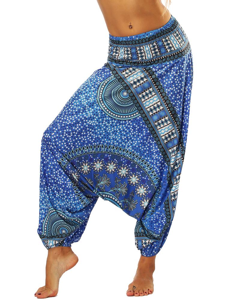 

Print Wide Leg High Waist Yoga Pants, Blue