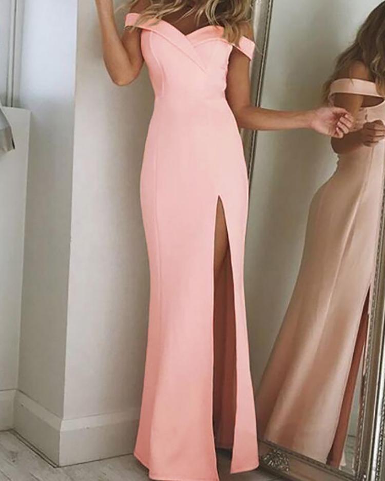 

Off Shoulder Thigh Slit Evening Dress, Pink