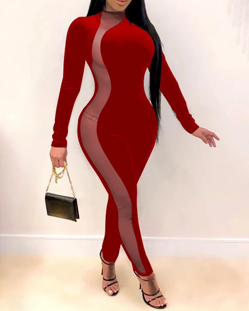 

Sheer Mesh Velvet Jumpsuit, Red