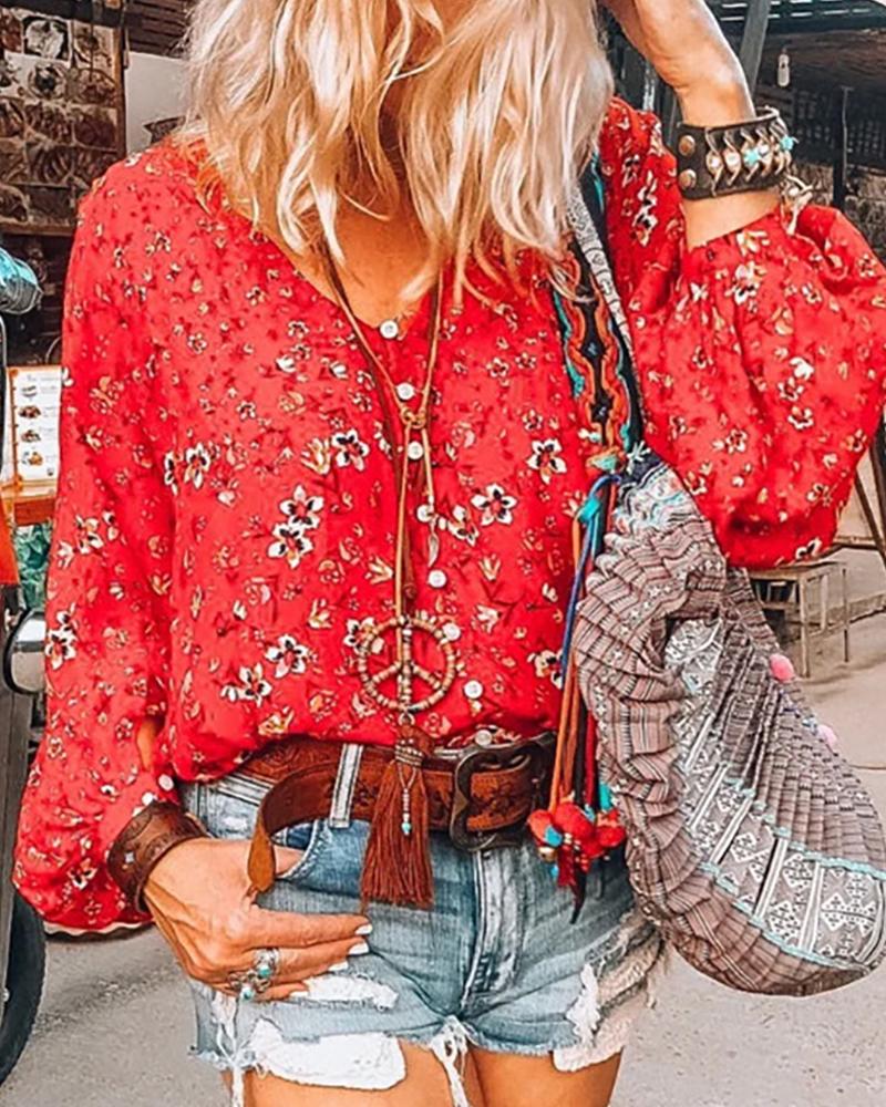 

Floral Print Lantern Sleeve Button Front Top, Red