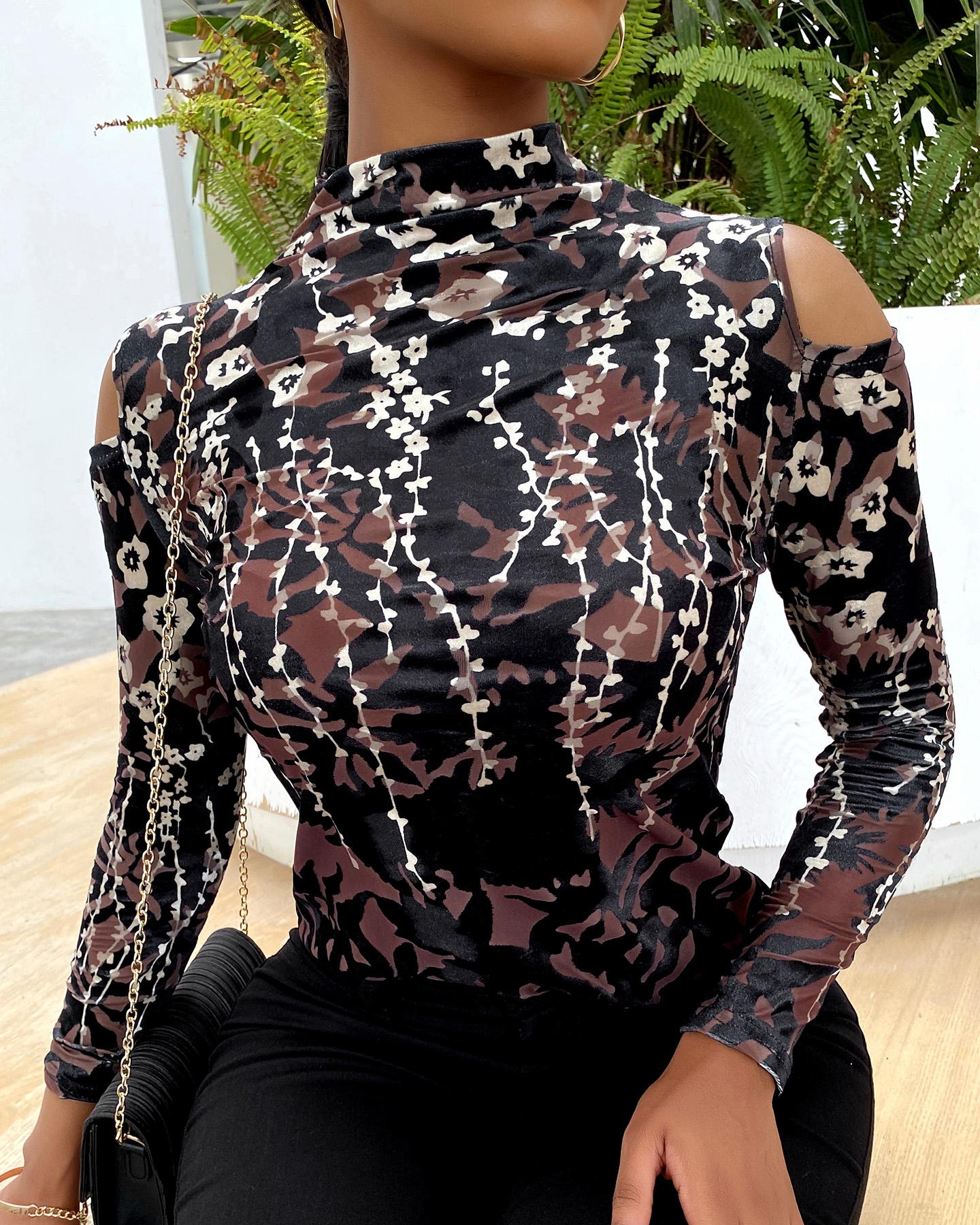 

Floral Print Colorblock Cold Shoulder Women Top, Black