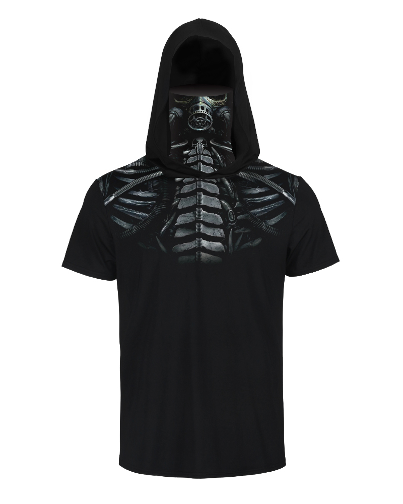 

Print Hooded Short Sleeve T-shirt With Ear Loop Face Bandana, Black