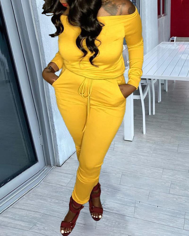 

Plus Size Off Shoulder Top & Drawstring Pants Set, Yellow