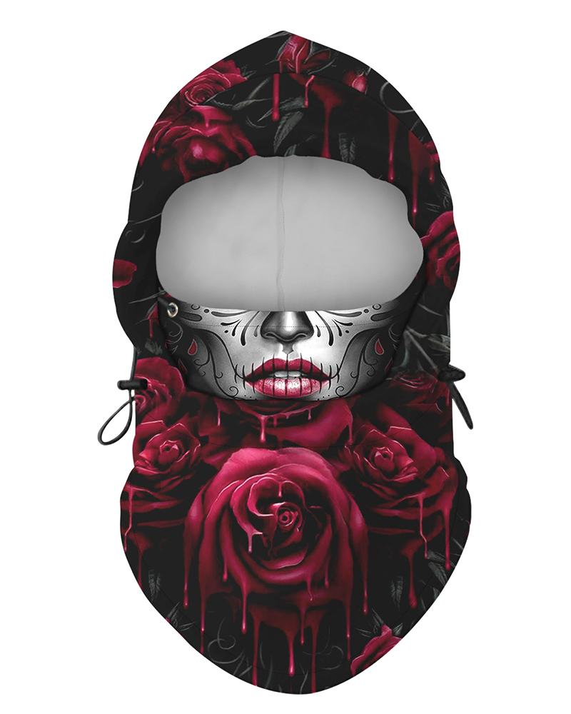 

Floral Face Print Polar Fleece Hood Adjustable Face Bandana, Red