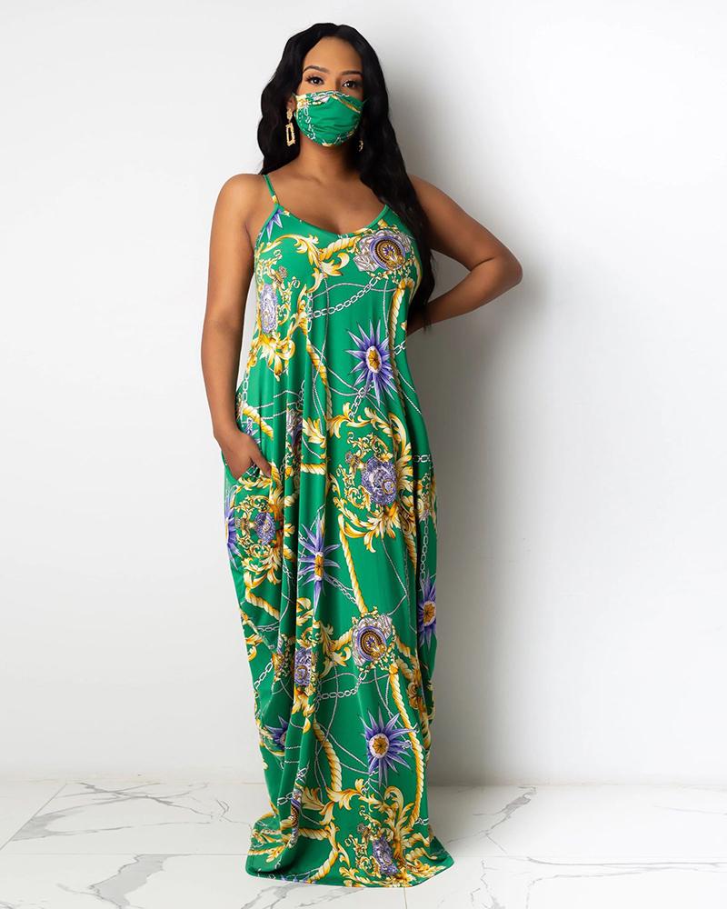 

Chain Floral Print Pocket Design Maxi Dress, Green