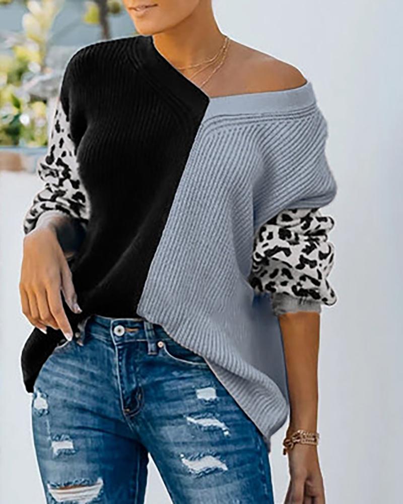 

Cheetah Print Colorblock Long Sleeve Sweater, Gray