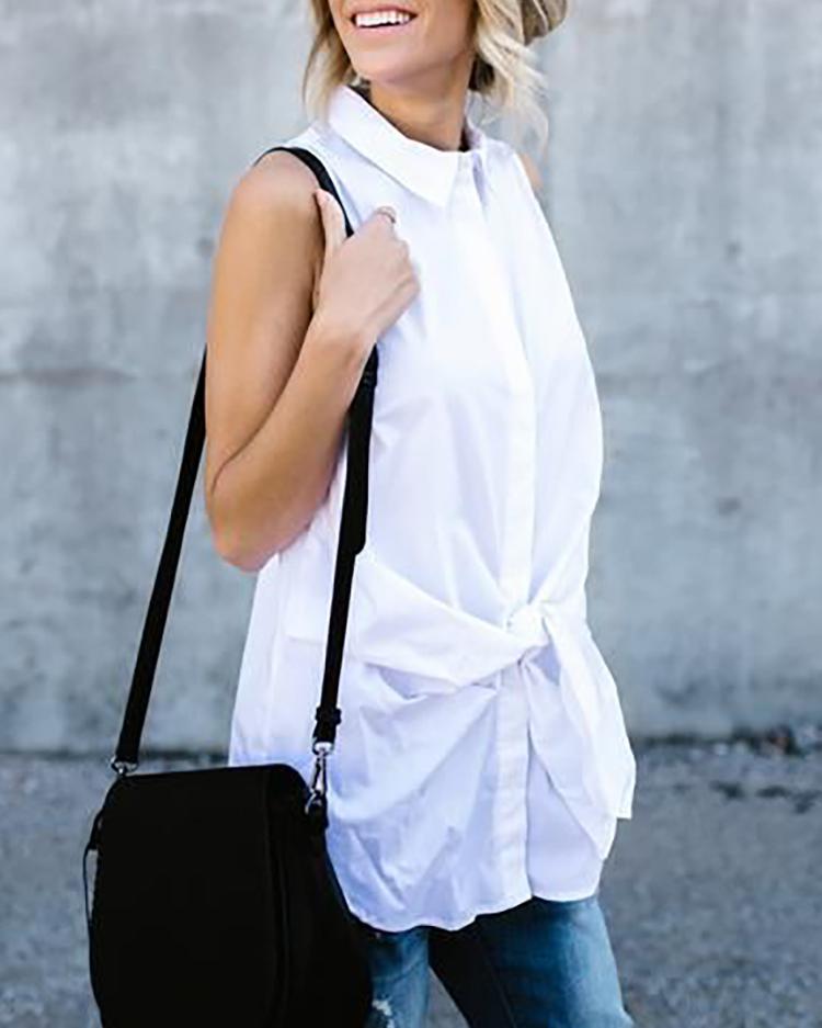 

Lapel Collar Sleeveless Belted Blouses Tops, White