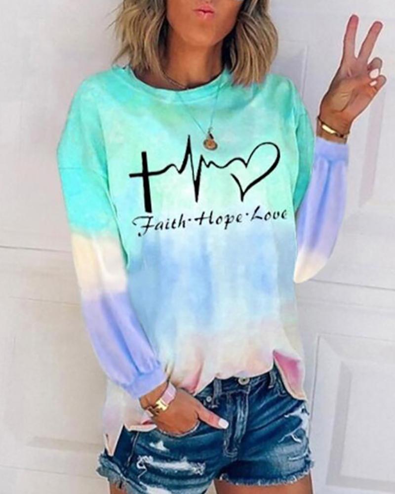 

Tie Dye Print Letter Pattern Casual Sweatshirt, Green