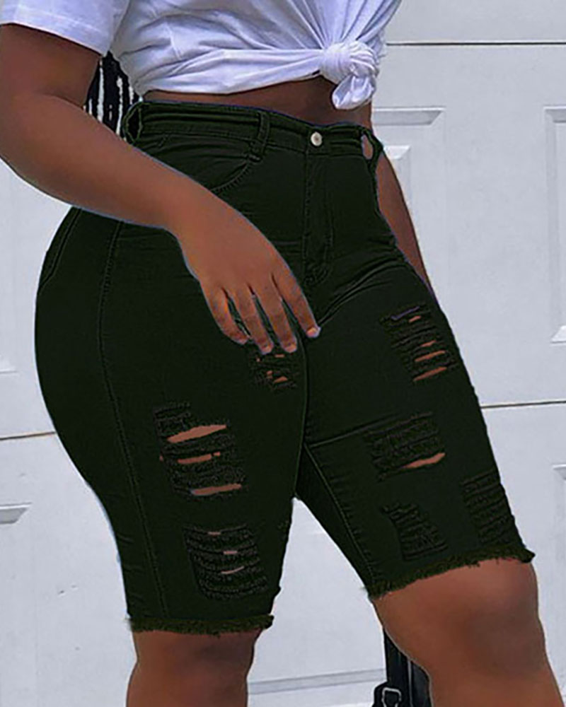 

Ripped Cutout Button Design Denim Shorts, Black