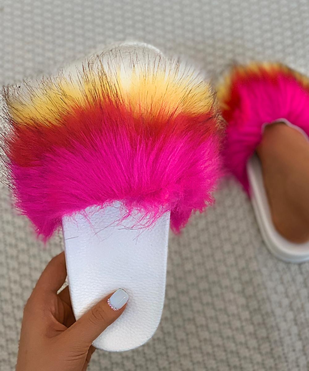 

Colorblock Peep Toe Fluffy Slippers, White