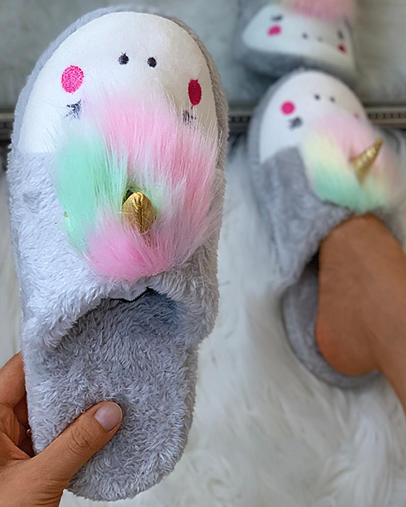 

Unicorn Pattern Fluffy Slippers, Gray