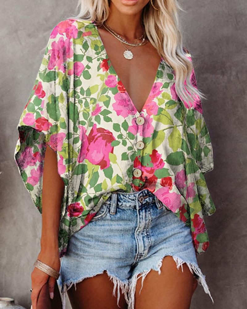 

Floral Print Half Flutter Sleeve Loose Blouse, Multicolor