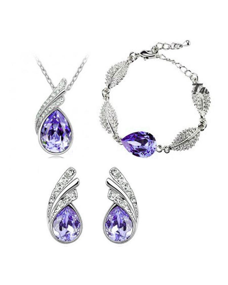

4PCS Teardrops Stud Pendant Necklace & Earrings & Bracelet Set, Purple