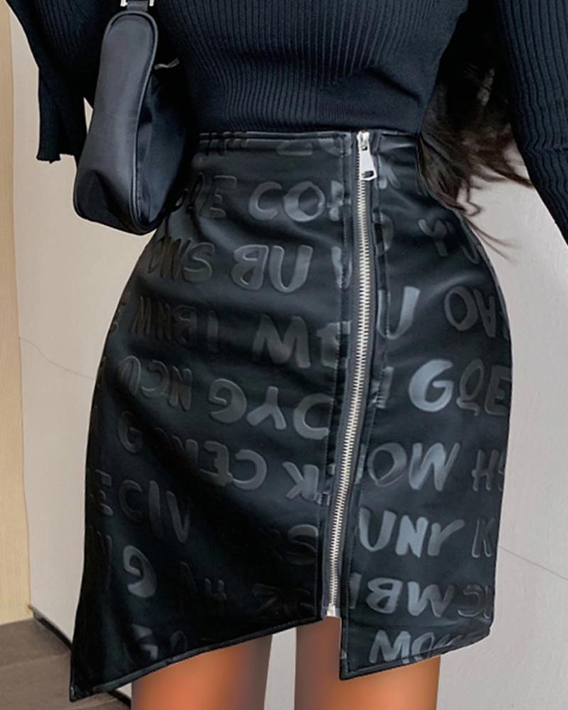 

Letter Print Zip Irregular PU Leather Skirt, Black
