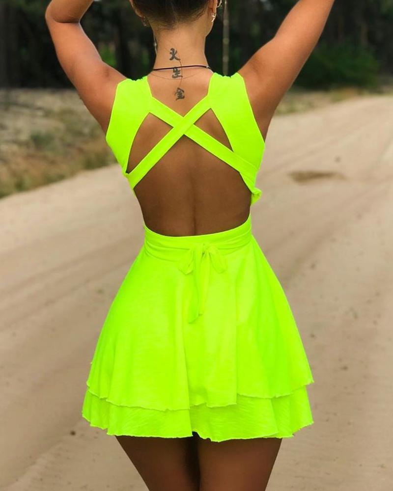 

Crisscross Backless Ruffles Skater Dress, Green