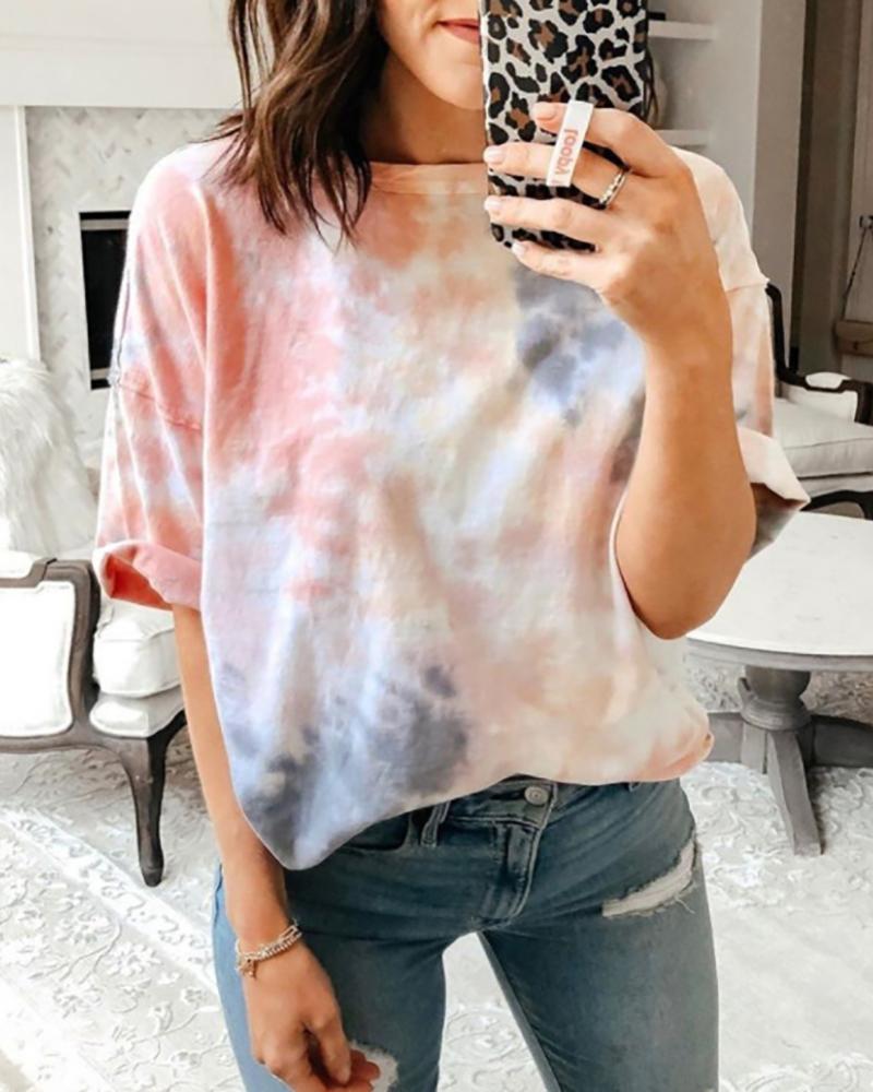 

Tie Dye Print Round Neck T-shirt, Multicolor