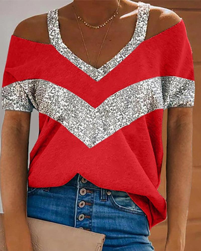 

Sequins Colorblock Cold Shoulder T-Shirt, Red