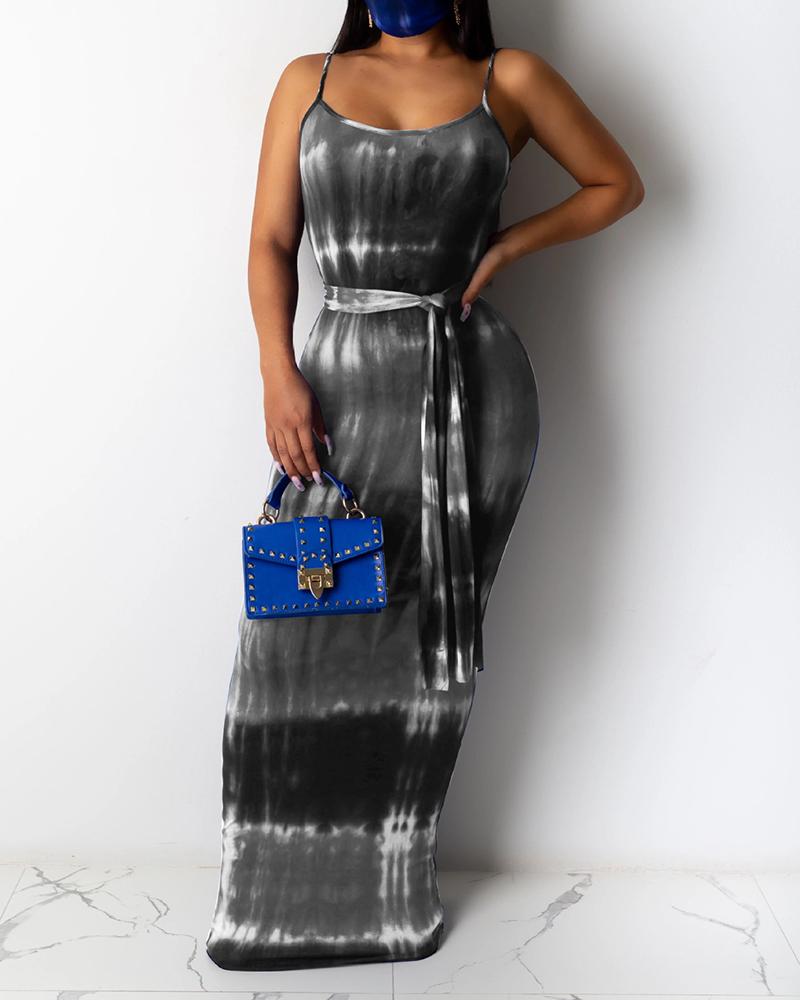 

Spaghetti Strap Tie Dye Print Maxi Dress, Gray