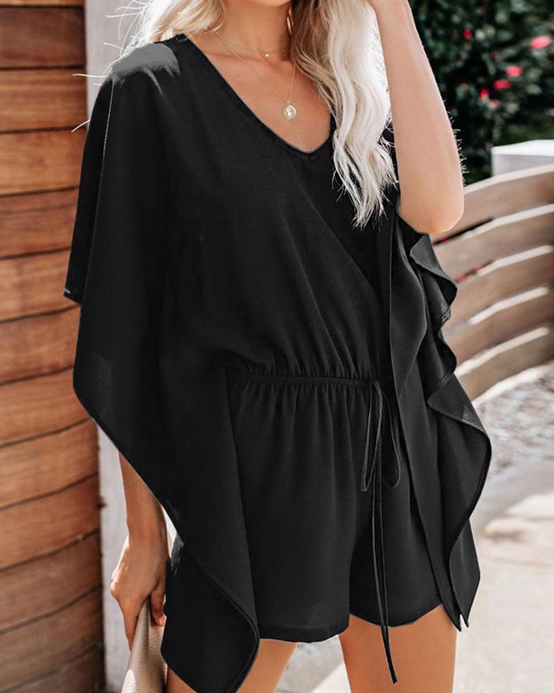 

Ruffles Trim Drawstring Casual Romper, Black