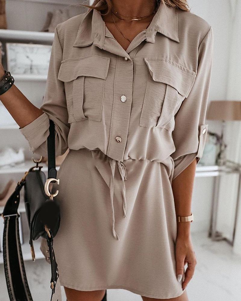 

Solid Drawstring Roll-up Sleeve Shirt Dress, Pink