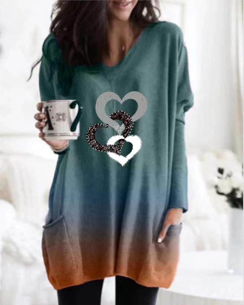 

Gradient Long Sleeve Loose Heart Print T-shirts, Green