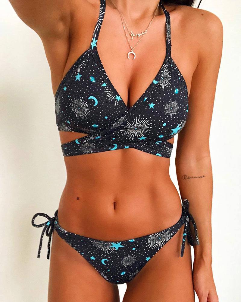 

Floral Print Crisscross Design Bikini Set, Black