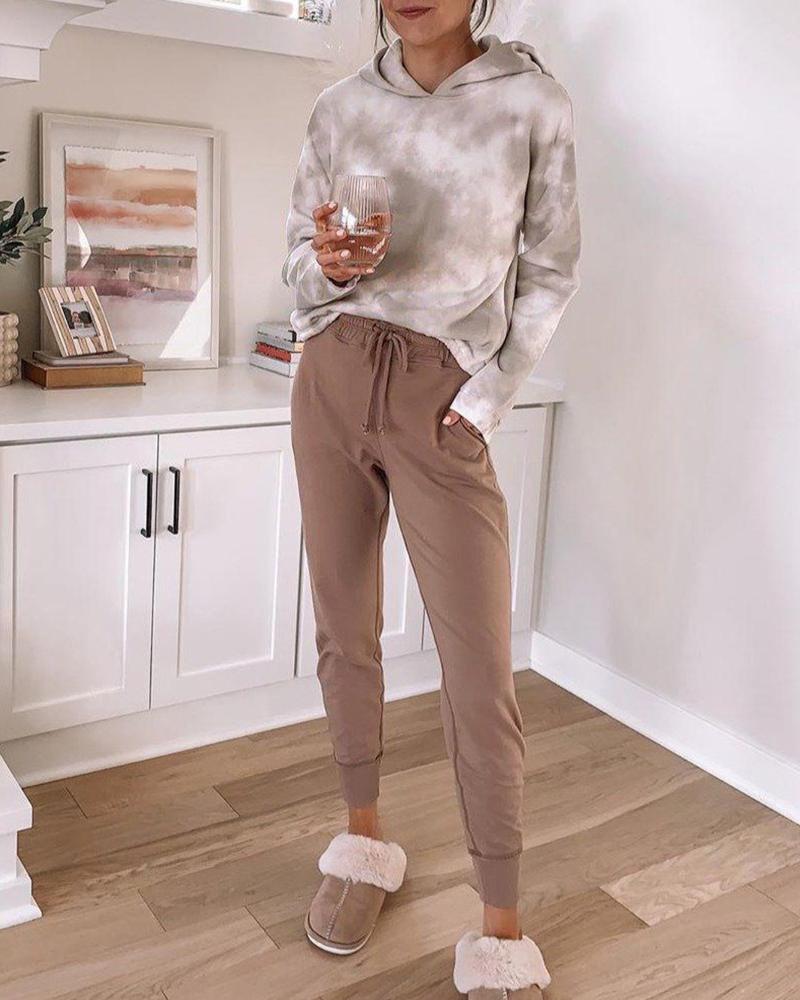 

Long Sleeve Hooded Top & Drawstring Waist Pants Set, Khaki