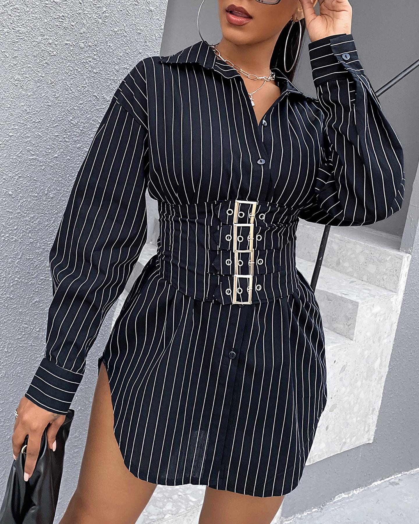 

Striped Colorblock Eyelet Corset Slit Shirt Dress, Black