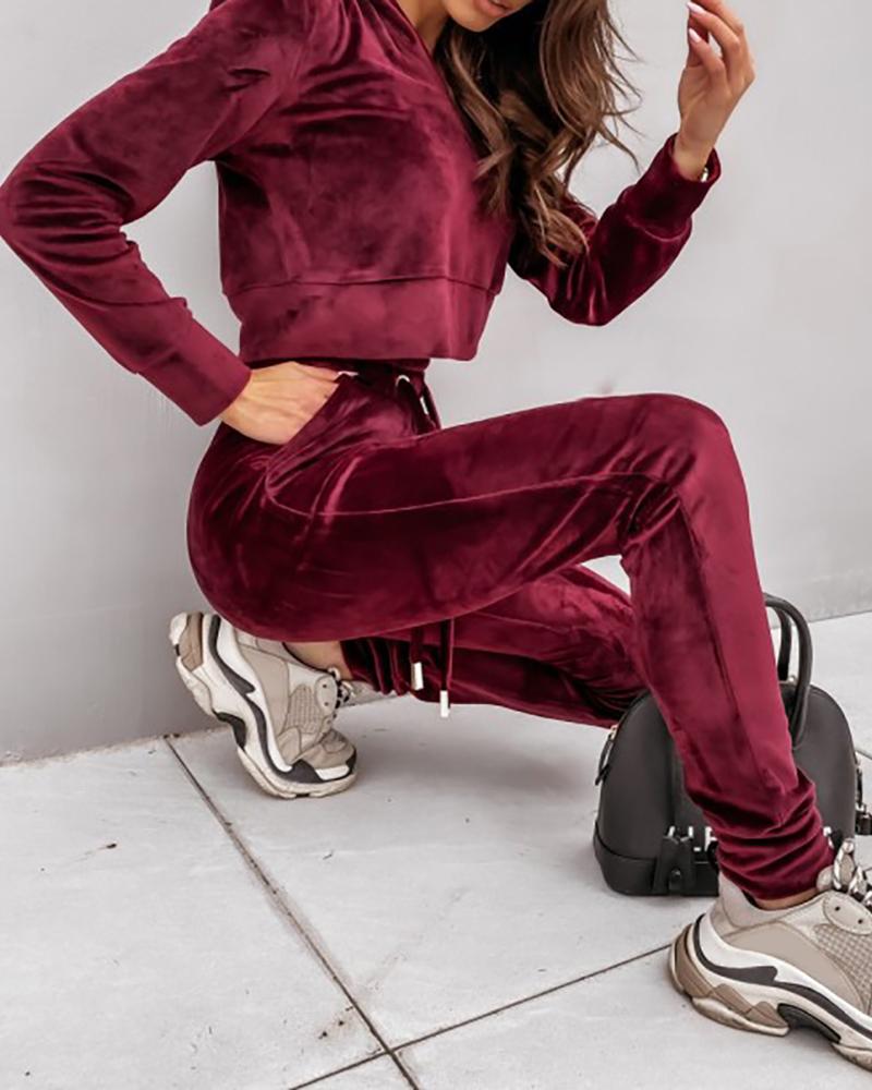 

Velvet Hooded Top & Drawstring Pants Set, Wine red