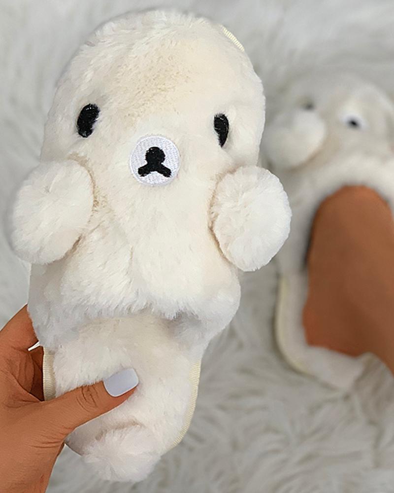 

3D Ear Design Cartoon Fluffy Slippers, Beige