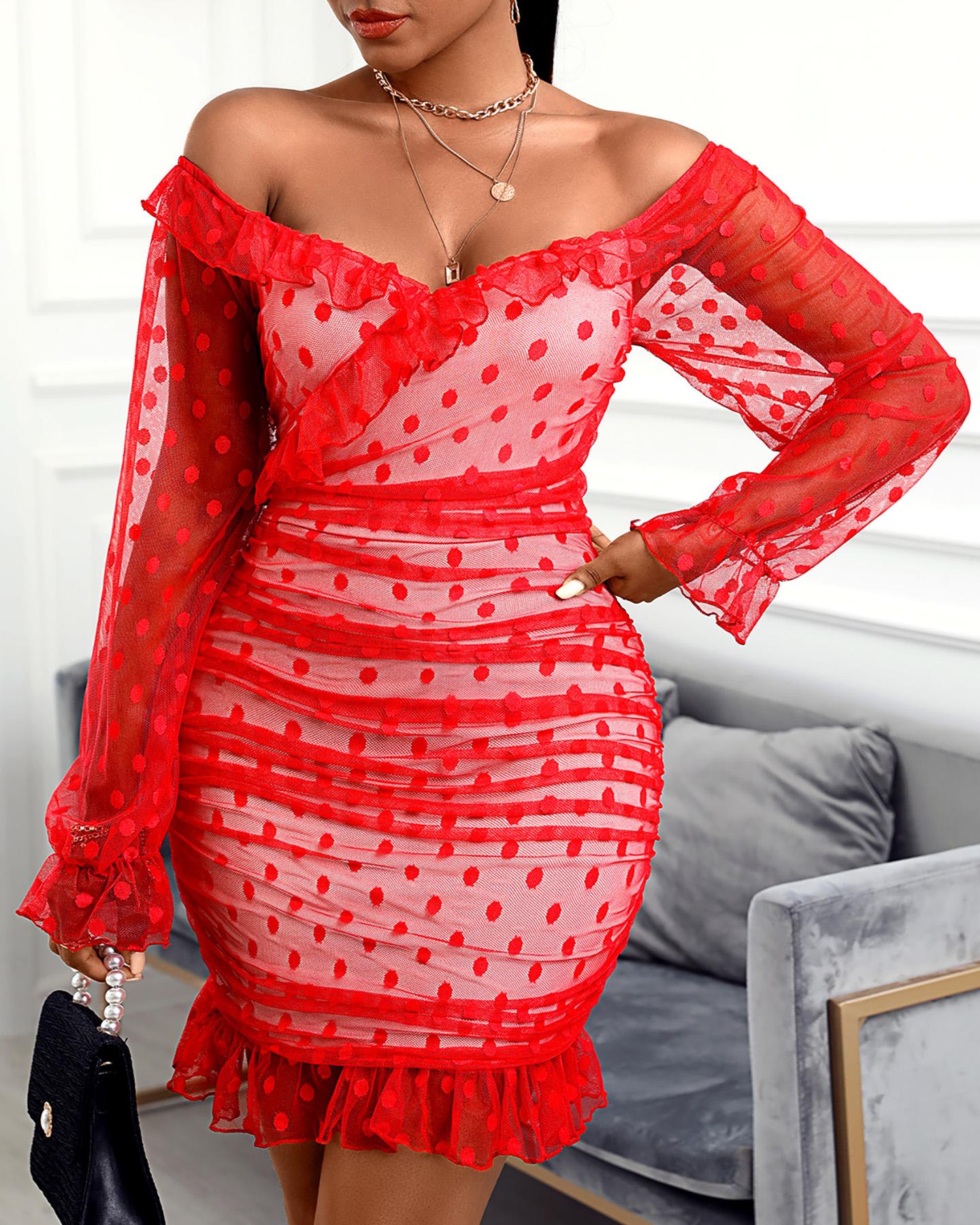 

Off Shoulder Polkadot Print Mesh Bodycon Dress, Red