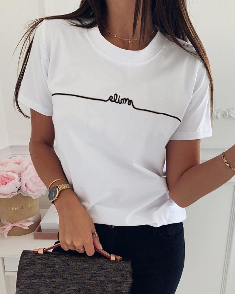 

Letter Pattern Embroidery Casual T-shirt, White