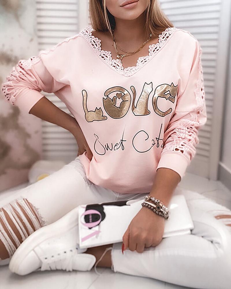 

Letter Print Guipure Lace Patch Long Sleeve Top, Pink
