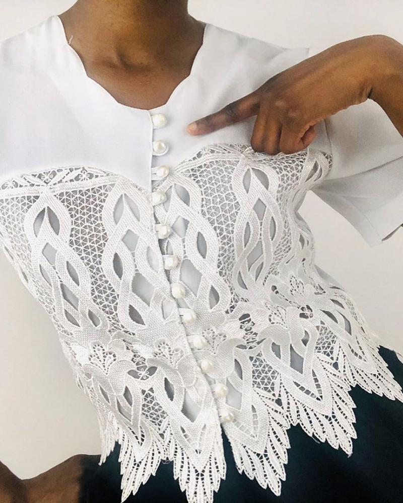 

Guipure Lace Short Sleeve Top, White