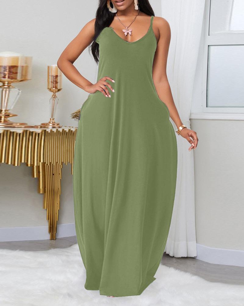 

Solid Spaghetti Strap Pocket Design Maxi Dress, Army green