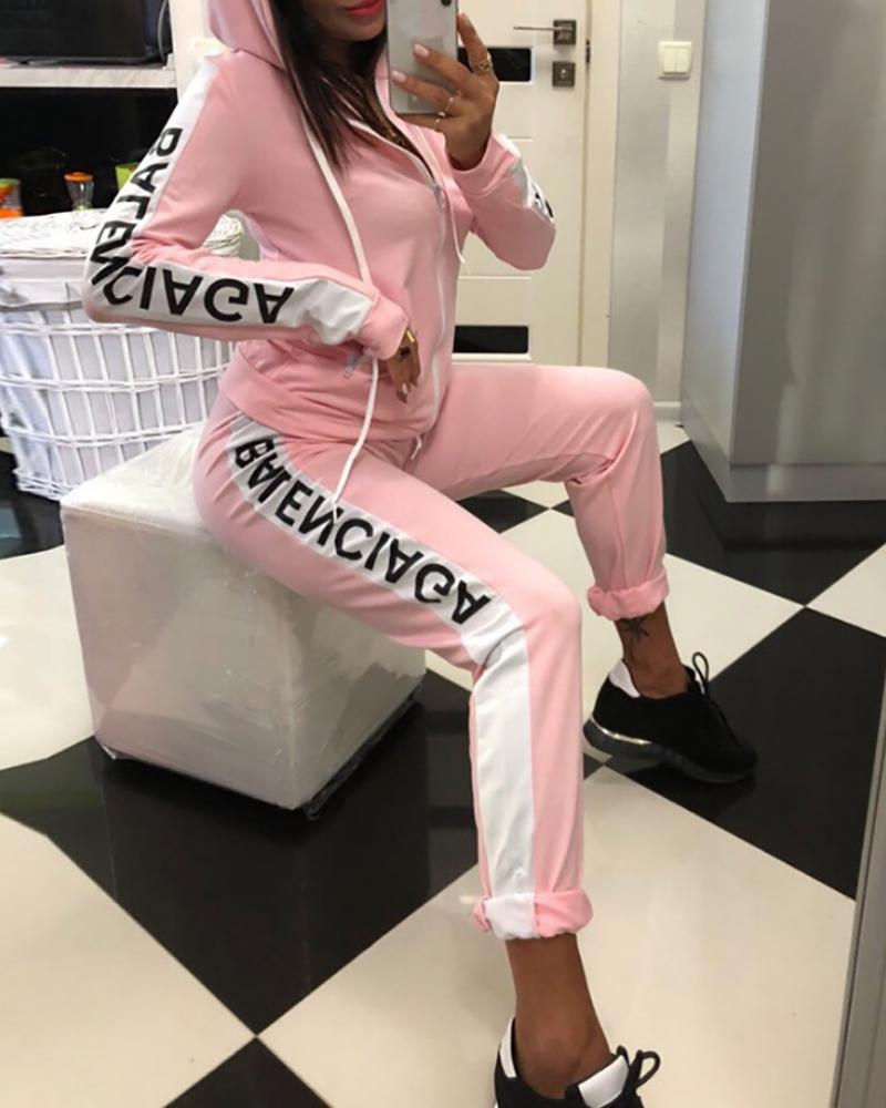 

Colorblock Letter Print Hoodie & Pants Set, Pink