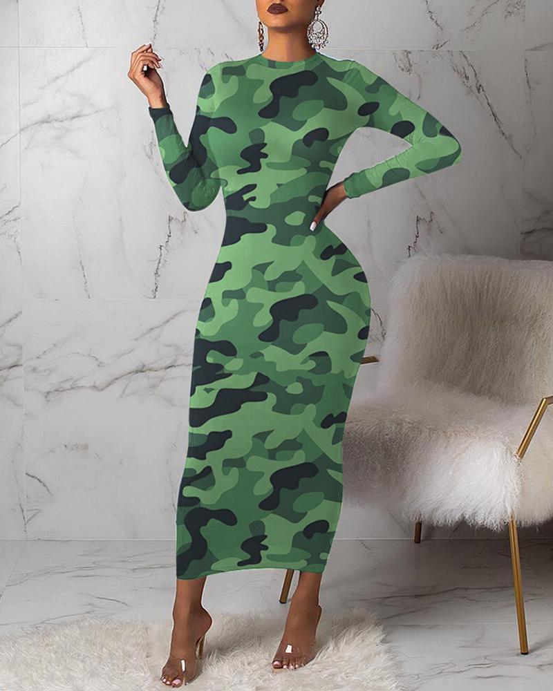 

Camouflage Round Neck Long Sleeve Dress, Green