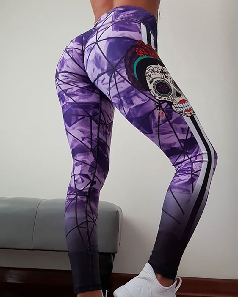 

Skull Print Striped Colorblock High Waist Sporty Shorts, Purple