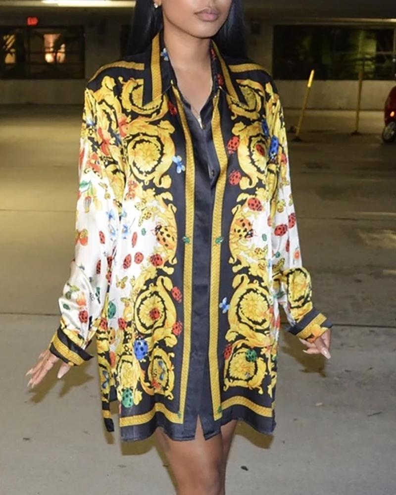 

Scarf Print Long Sleeve Shirt Dress, Yellow
